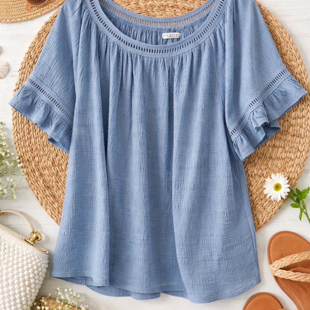 Max Studio Blue Boho Peasant Blouse Crochet Trim Flowy Top Fits 1X Plus Size